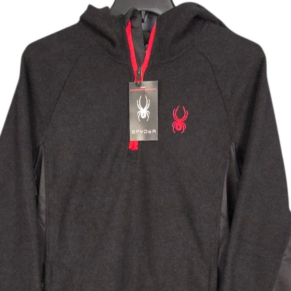 Spyder 1/4 Zip Hoodie Mens Medium Black Red Fleece Pullover Performance NWT